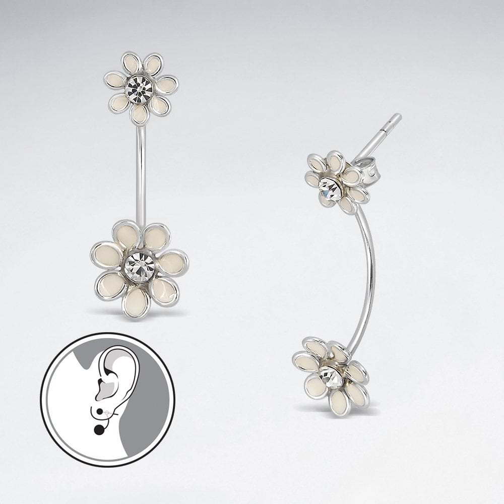 Glamorous Stud Enamel Silver Drop  Flower Earrings