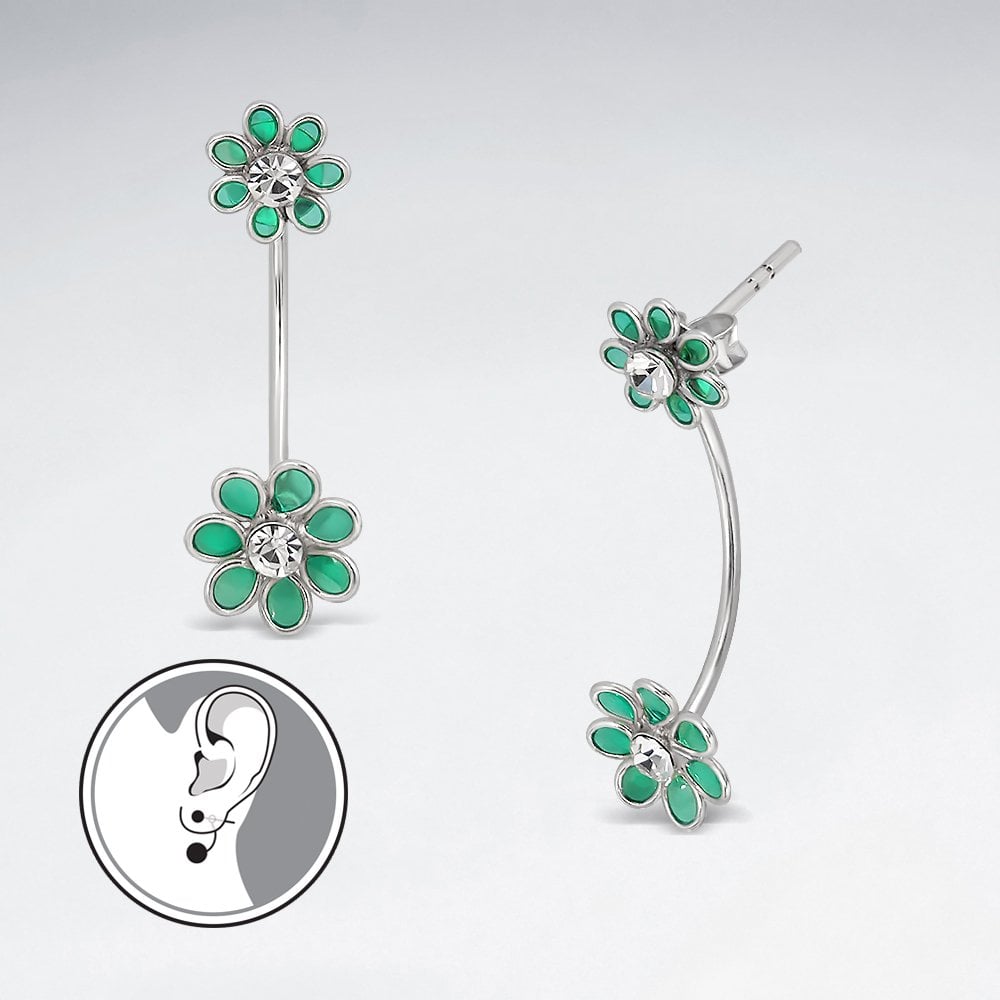 Glamorous Stud Enamel Silver Drop  Flower Earrings