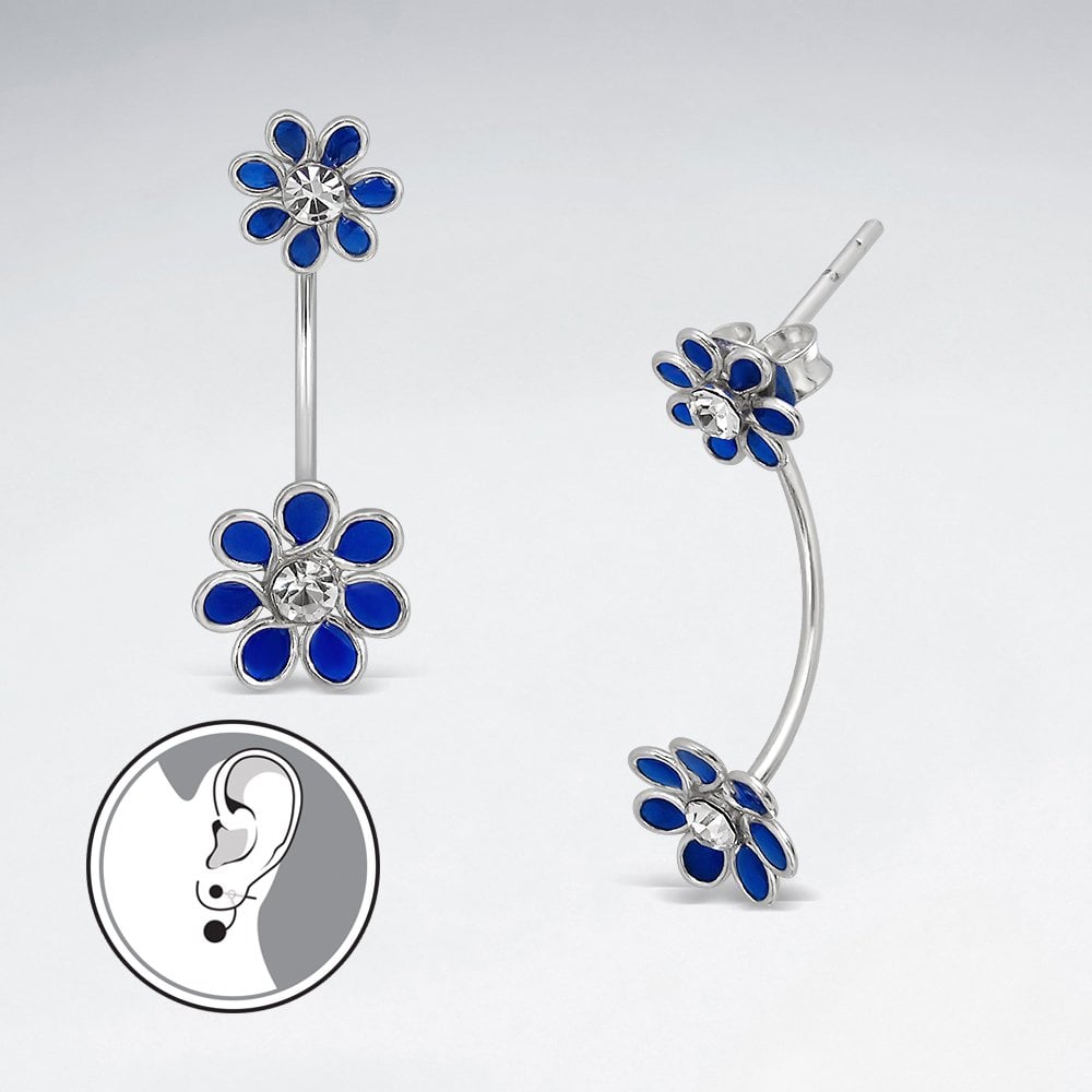 Glamorous Stud Enamel Silver Drop  Flower Earrings