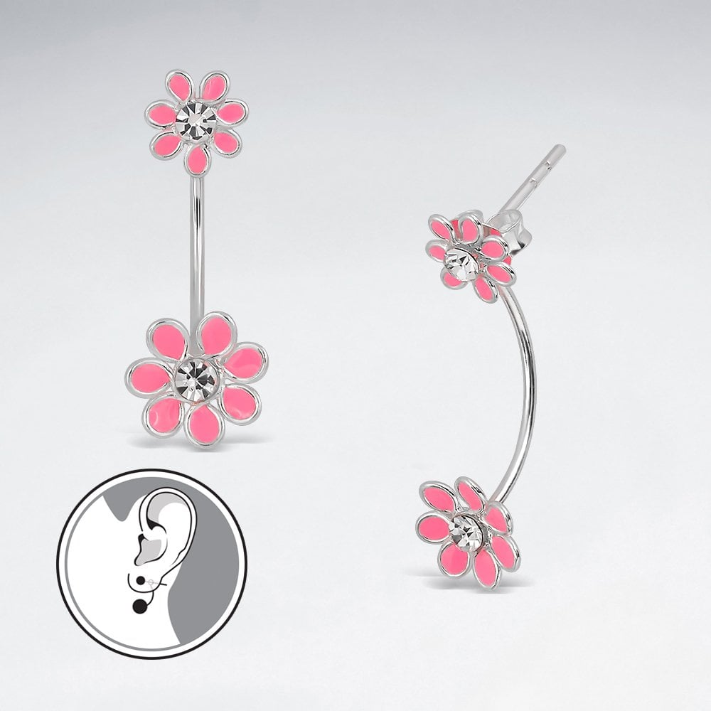 Glamorous Stud Enamel Silver Drop  Flower Earrings