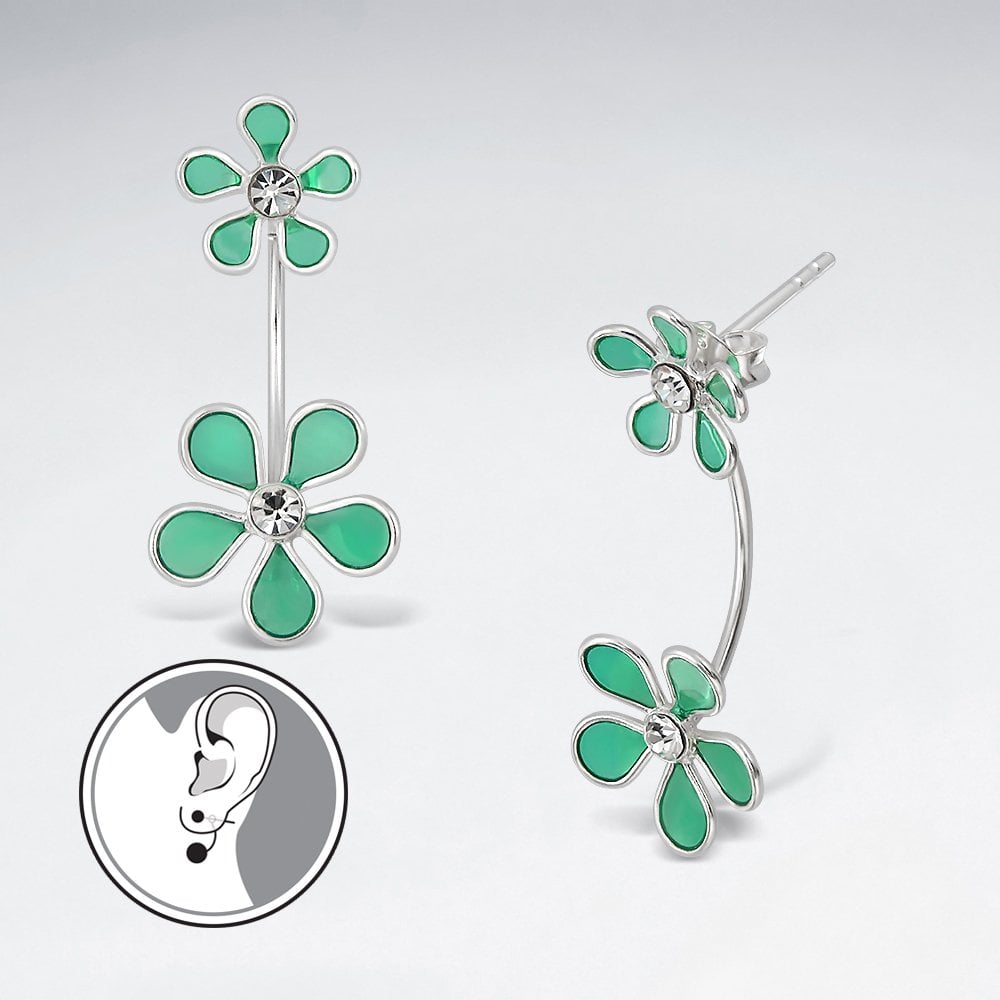 Double Blossom Sterling Silver and Enamel Flower Earrings