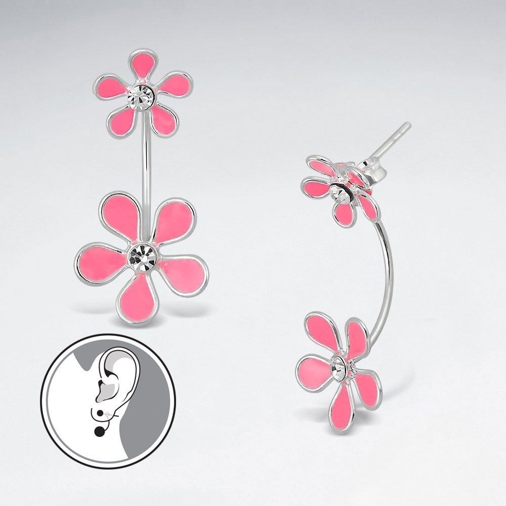 Double Blossom Sterling Silver and Enamel Flower Earrings