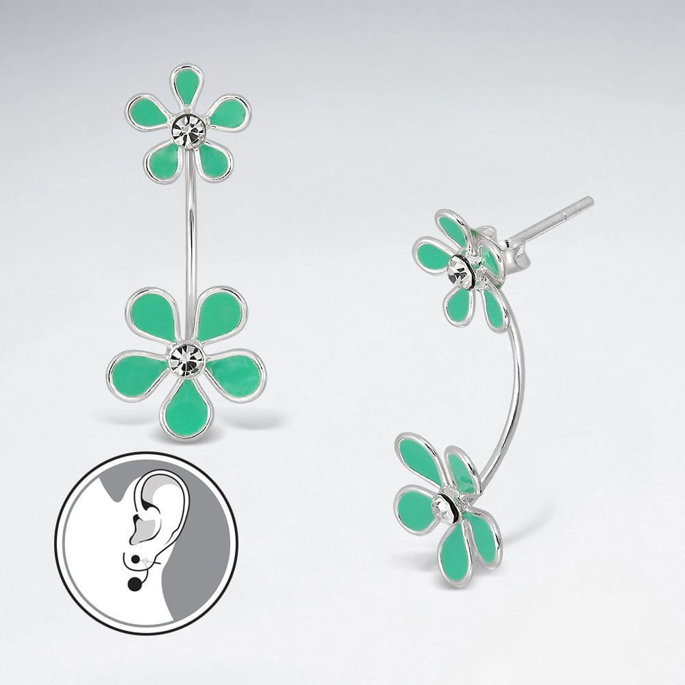 Double Blossom Sterling Silver and Enamel Flower Earrings