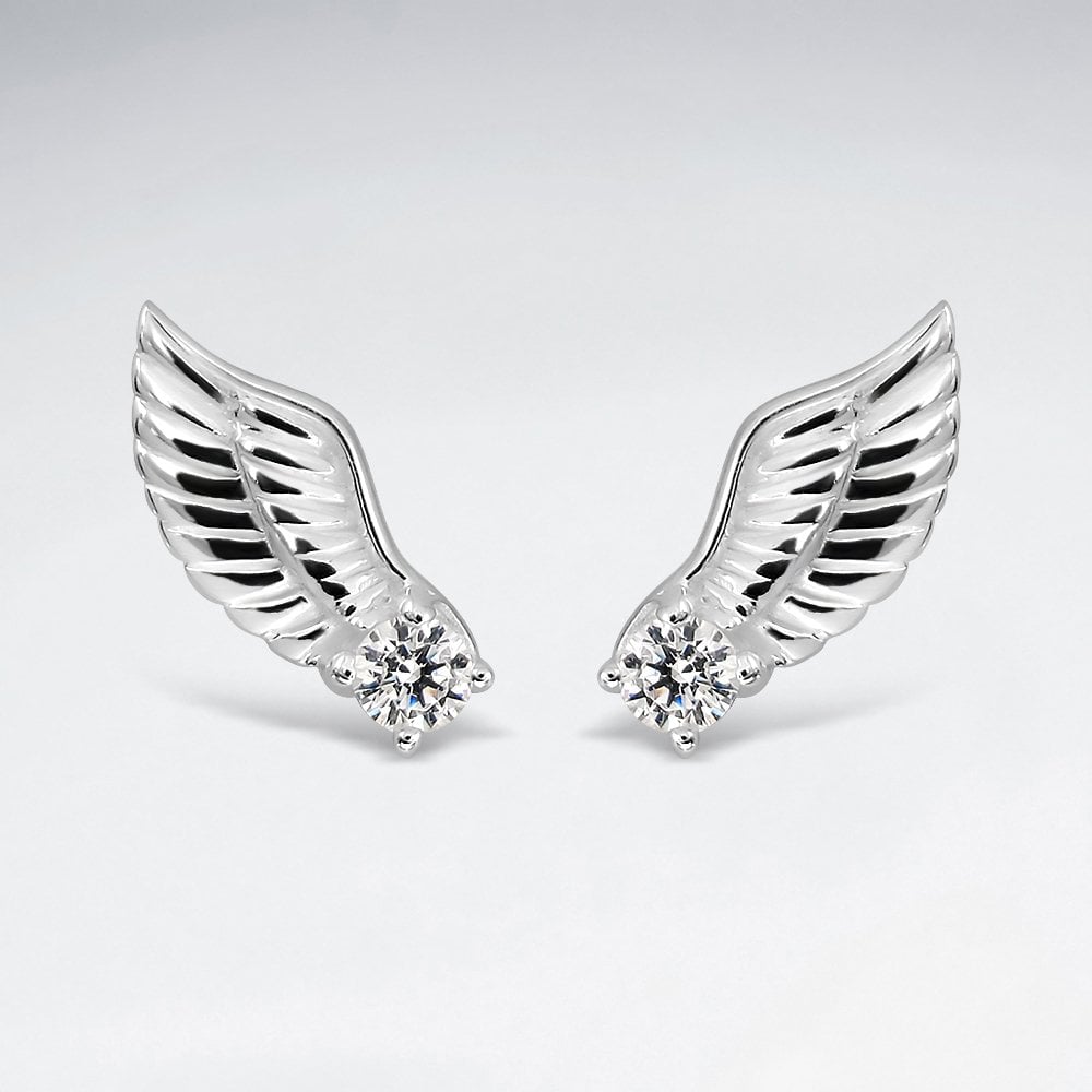 Sterling Silver Angel Wing CZ Stud Earrings