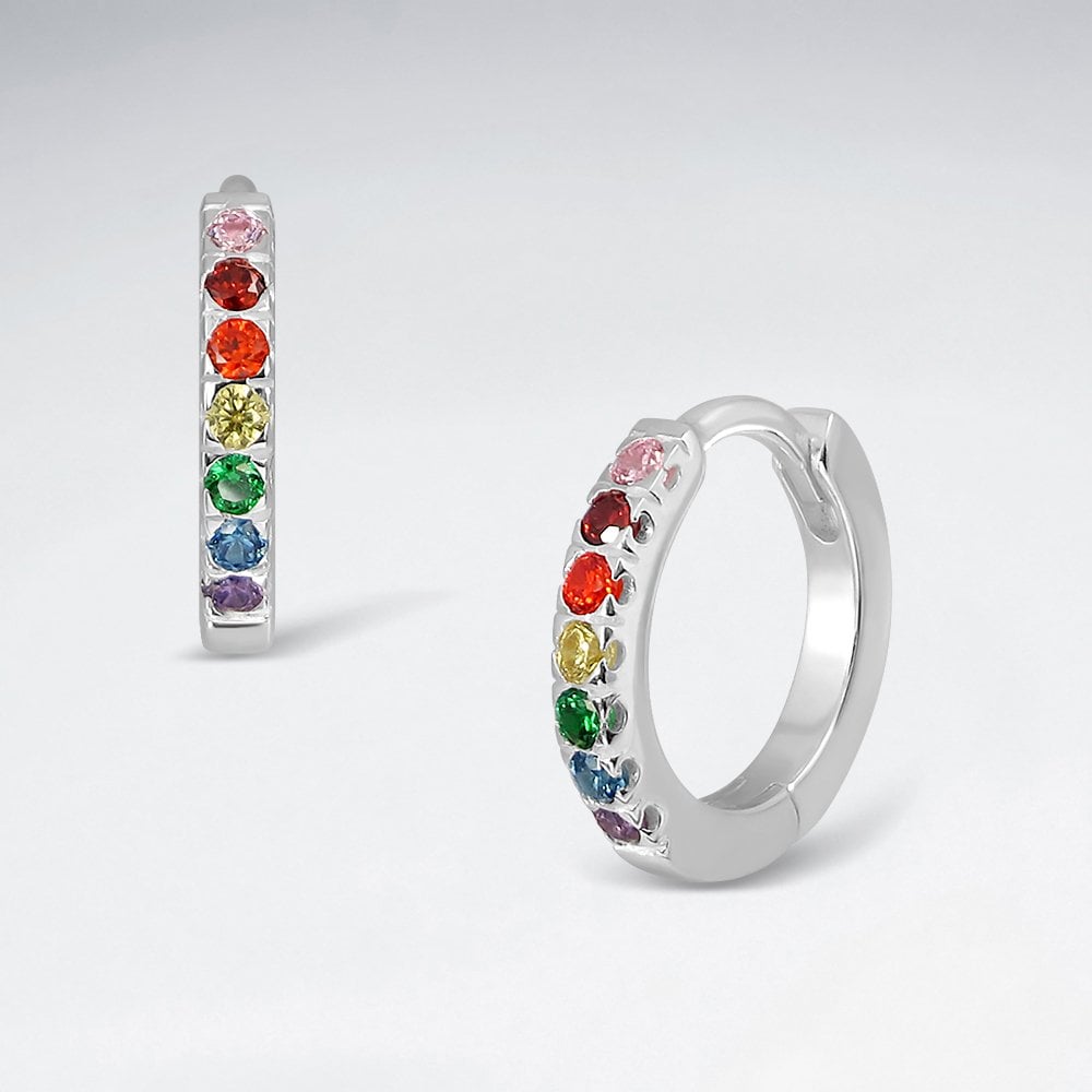 Sterling Silver Rainbow CZ Hoop Earrings