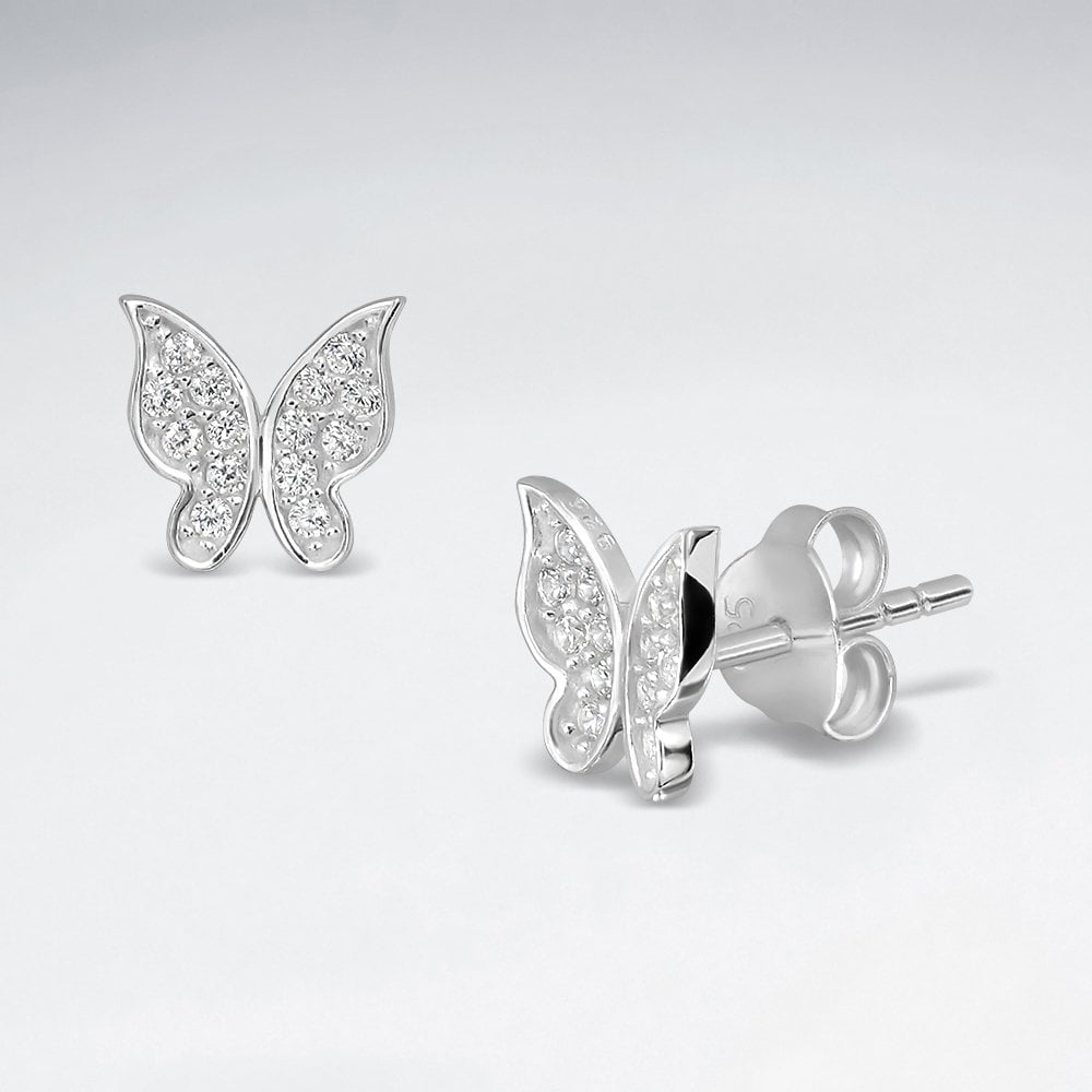 Sterling Silver CZ Butterfly Stud Earrings