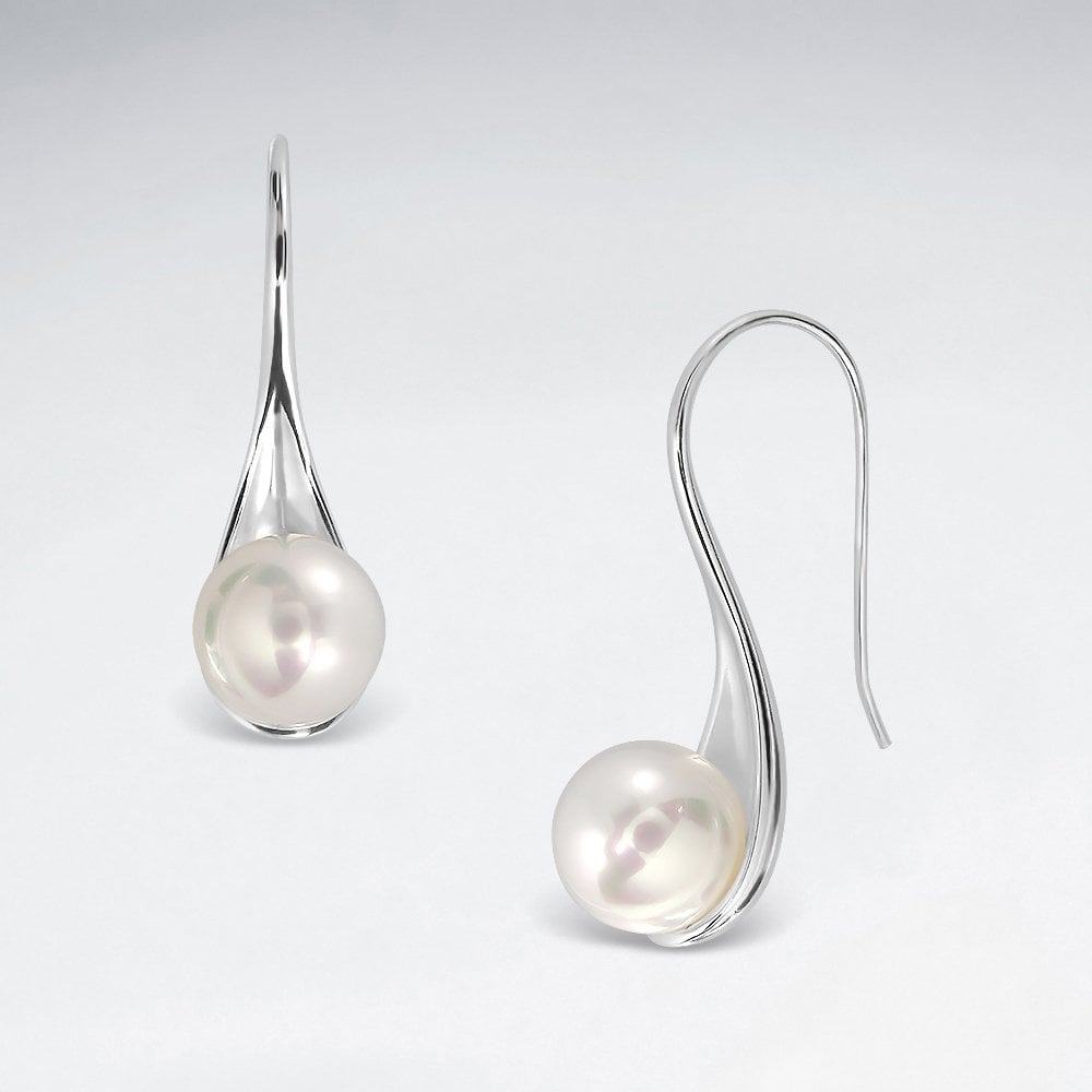 Sterling Silver Synthetic Pearl Petal Hook Earrings