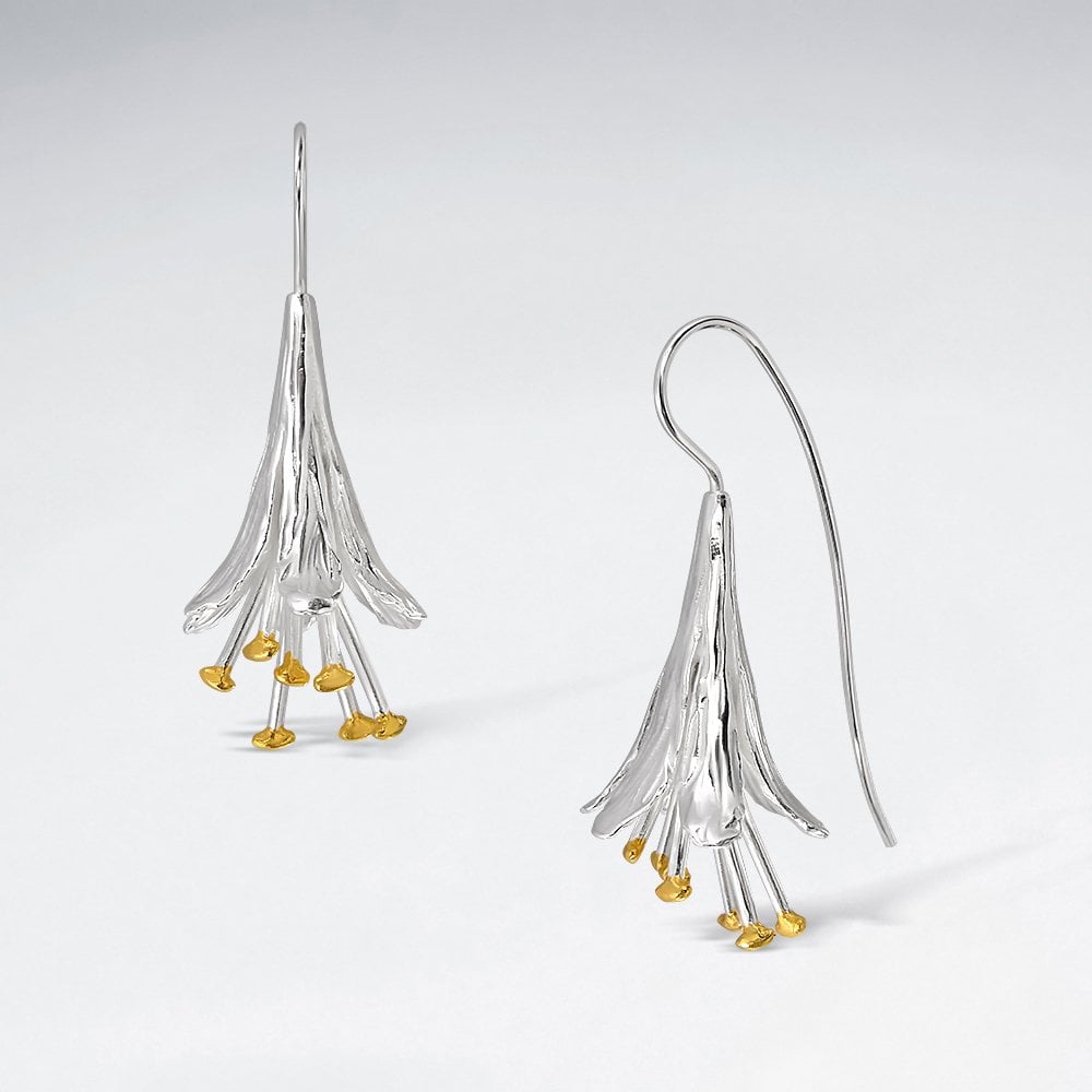 Sterling Silver Trumpet Flower Hook Earrings