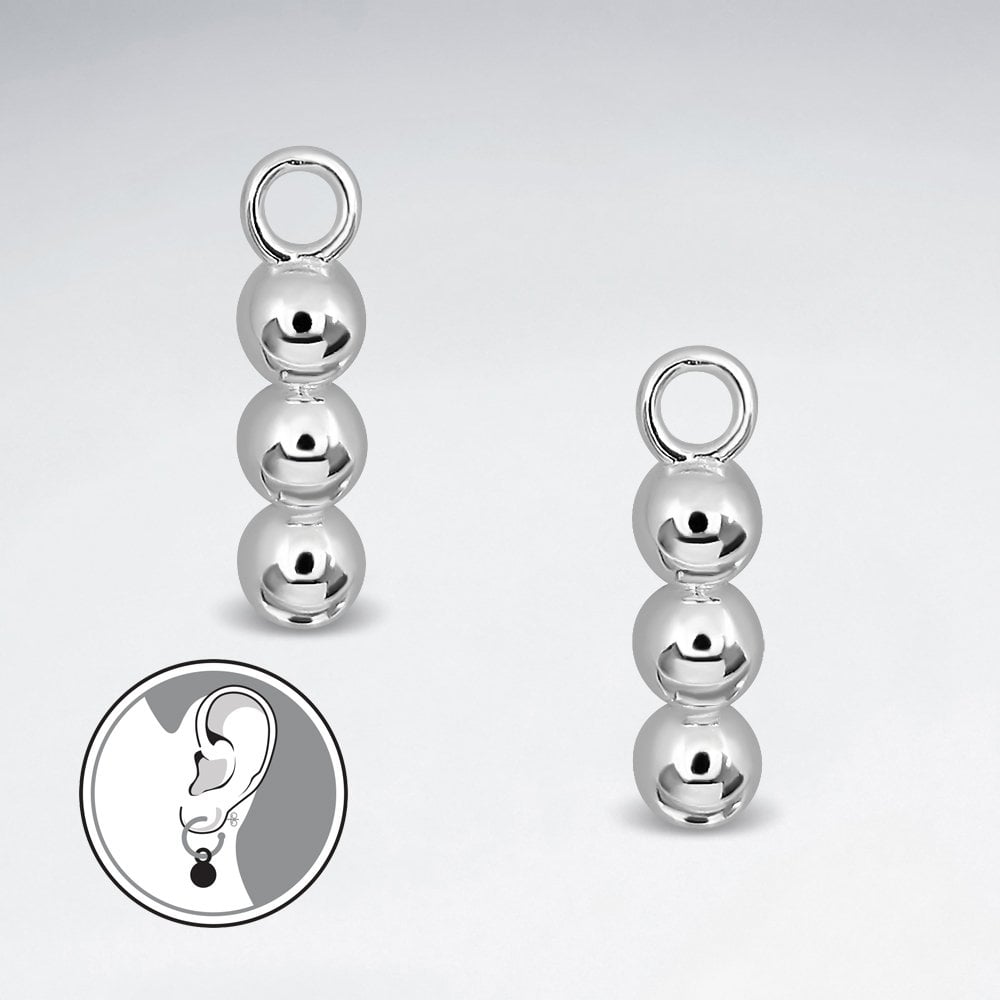 Sterling Silver Triple Ball Linear Earring Hoop Charm