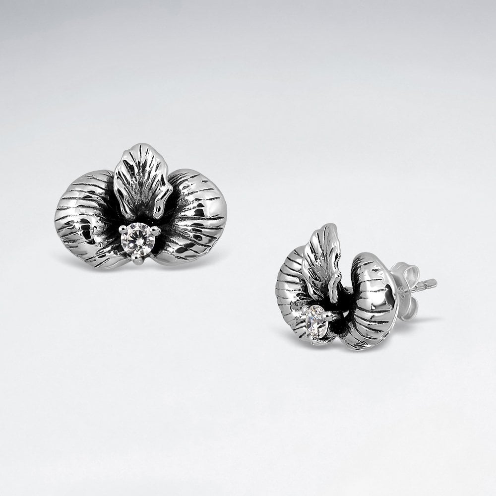 Sterling Silver CZ Flower Stud Nature Earrings