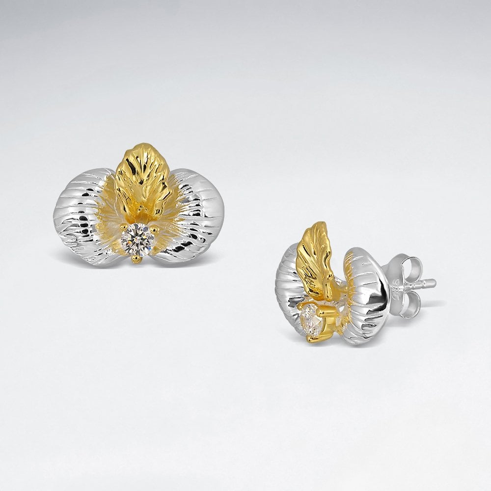 Sterling Silver CZ Flower Stud Nature Earrings