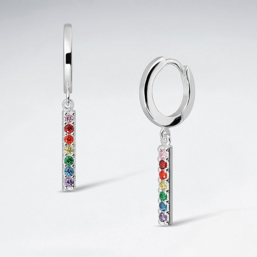 Sterling Silver CZ Linear Drop Dangle Rainbow Hoop Earrings