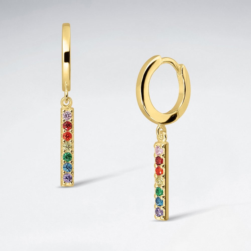 Sterling Silver CZ Linear Drop Dangle Rainbow Hoop Earrings