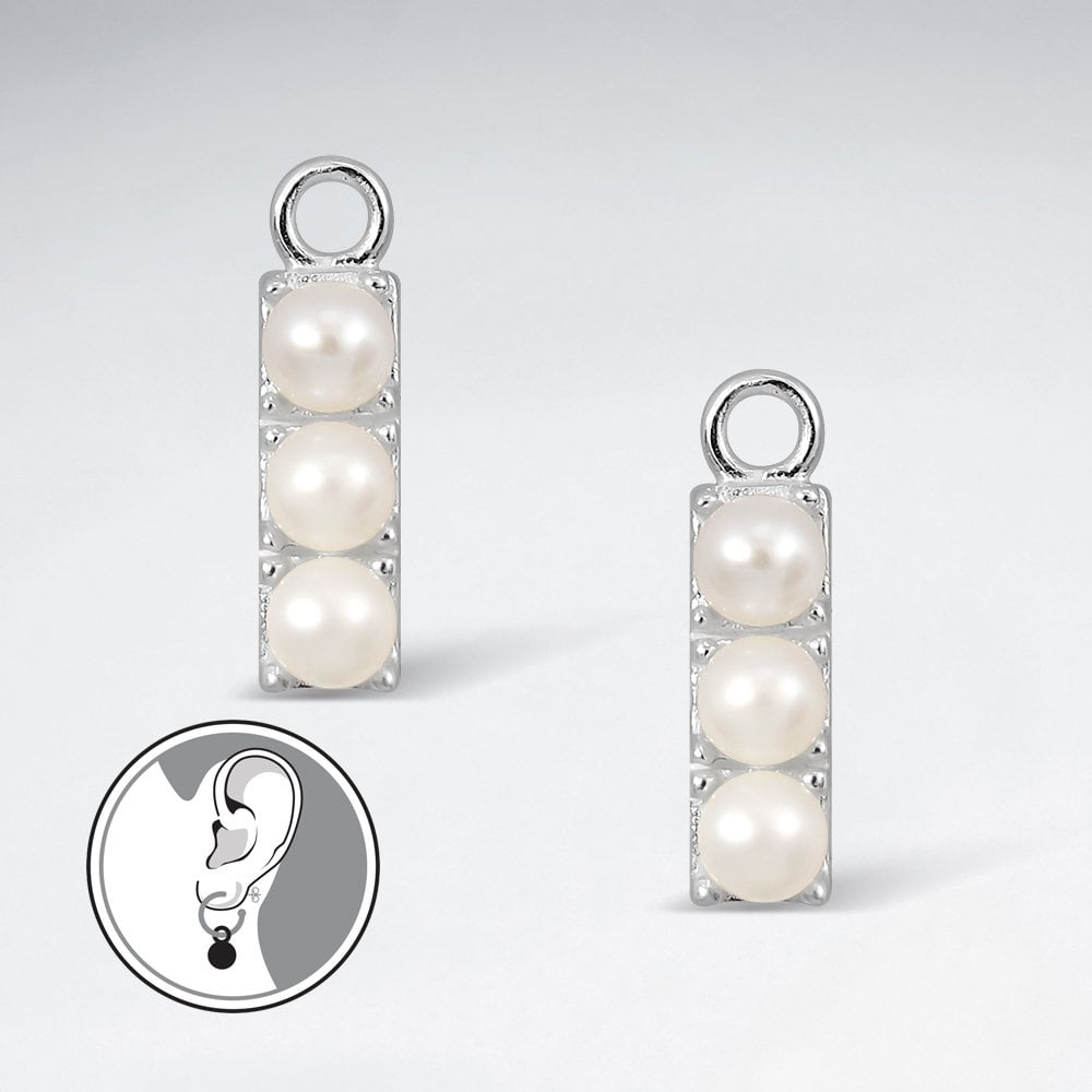 Sterling Silver Rectangular Charm for Hoop with Freshwater Pearls