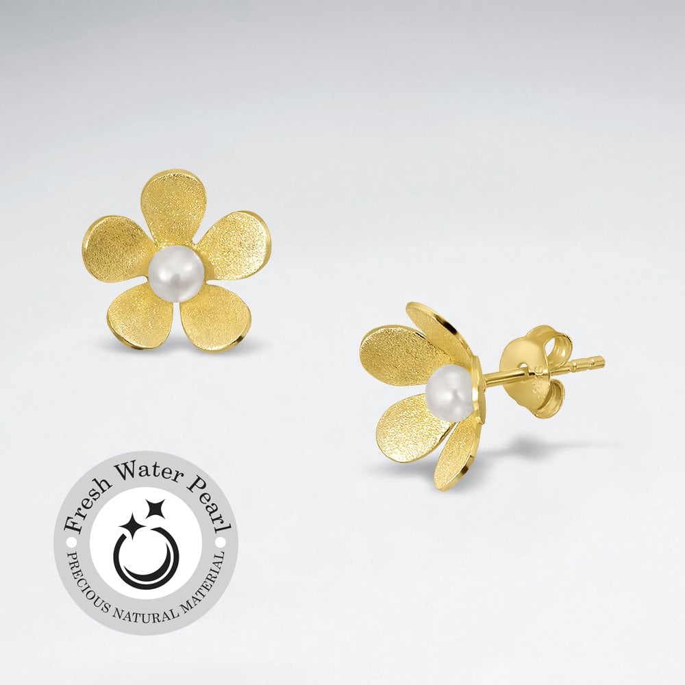 Delicate Pearl and Matte Silver Flower Stud Earrings