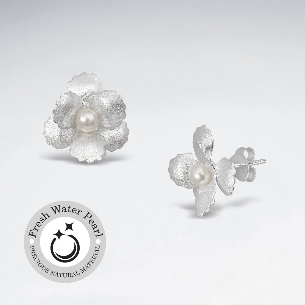 Sterling Silver Matte Flower Earrings with Pearl Stud Center