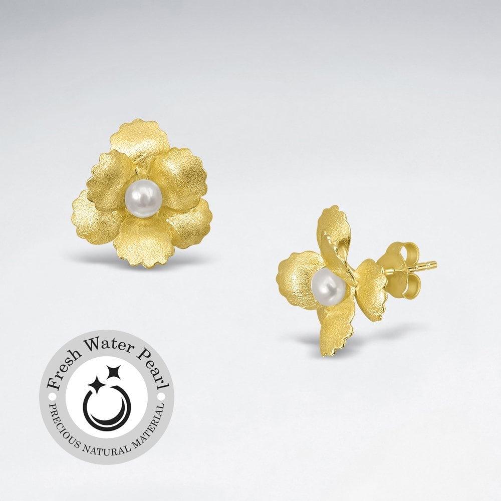 Sterling Silver Matte Flower Earrings with Pearl Stud Center