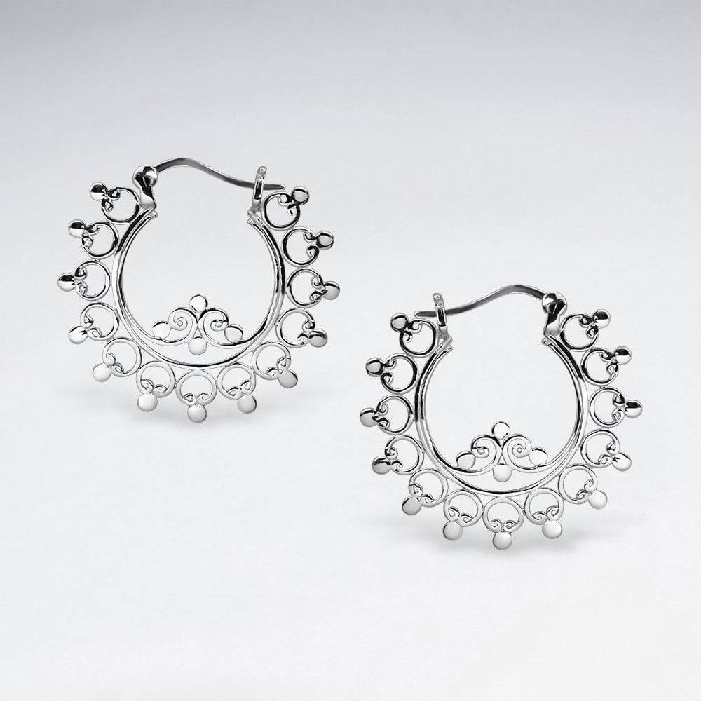 Exotic Filigree Swirl Sterling Silver Hoop Earrings