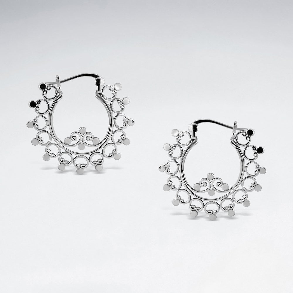 Exotic Filigree Swirl Sterling Silver Hoop Earrings