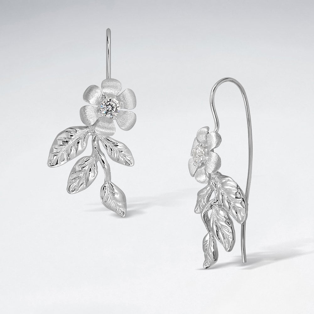 Sterling Silver CZ Flower and Leaf Hook Earrings