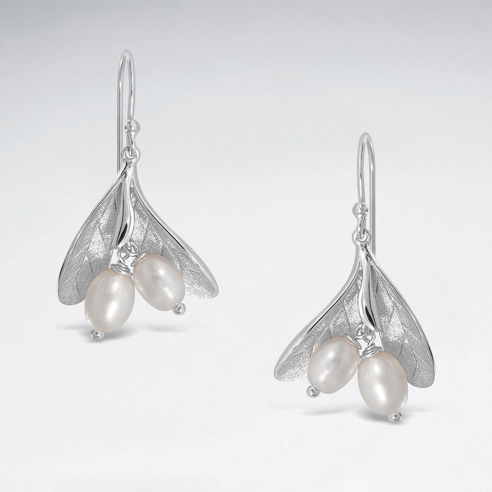 Sterling Silver Mistletoe Freshwater Pearl Hook Earrings