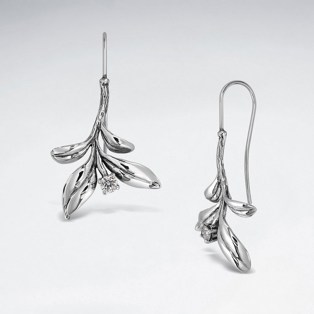 Sterling Silver CZ Leaf Cluster Hook Earrings
