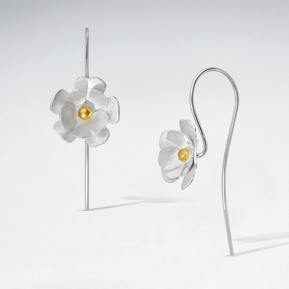 Sterling Silver Round Tipped Flower Hook Earrings
