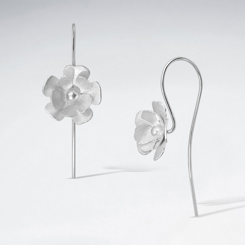 Sterling Silver Round Tipped Flower Hook Earrings