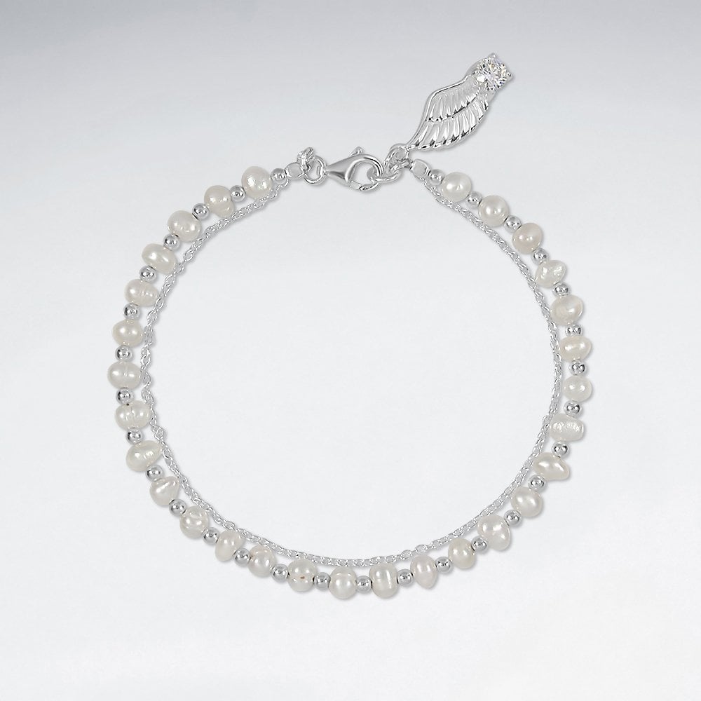 Sterling Silver Pearl Bracelet with Angel Wing Charm
