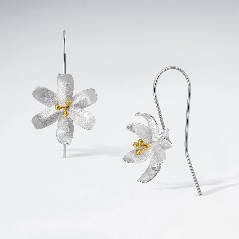 Sterling Silver 6-Point Flower Hook Earrings