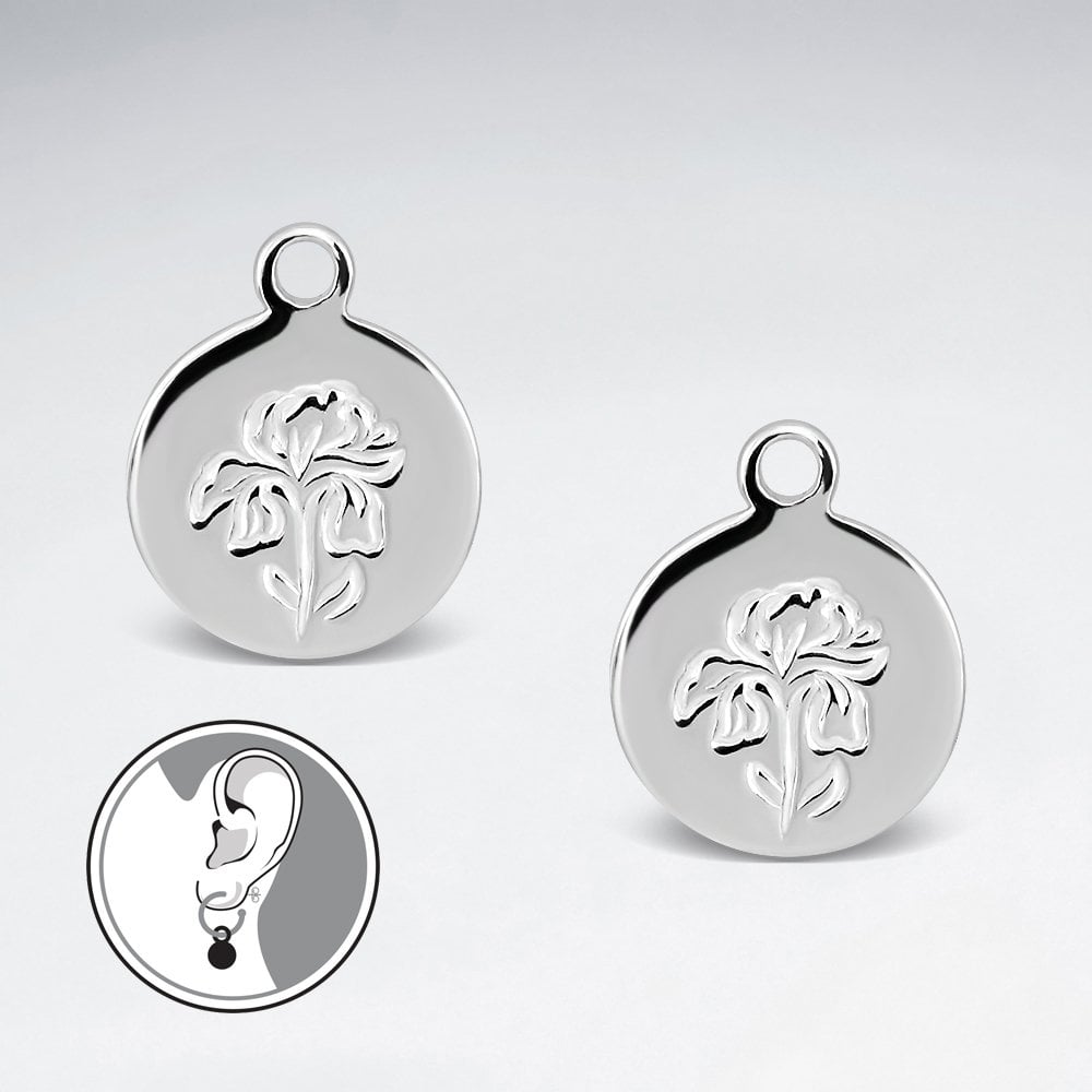 Sterling Silver Iris February Birth Flower Hoop Earring Charm