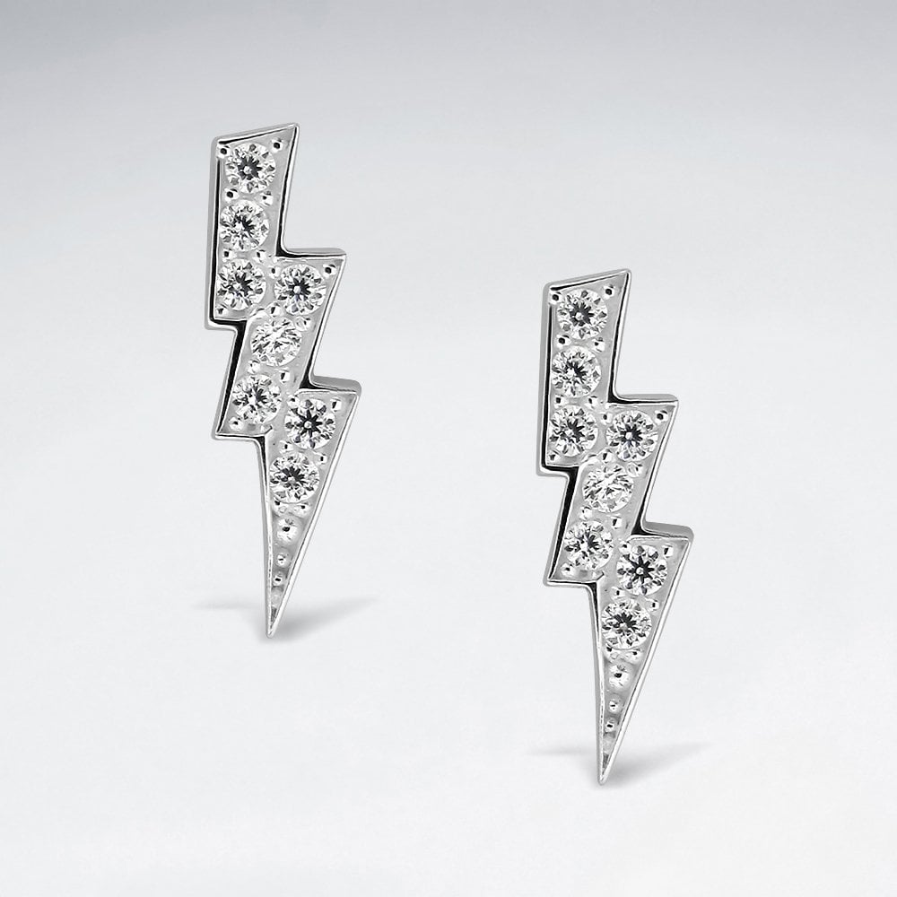 Sterling silver and Cubic Zirconia Lightning Bolt Stud Earrings