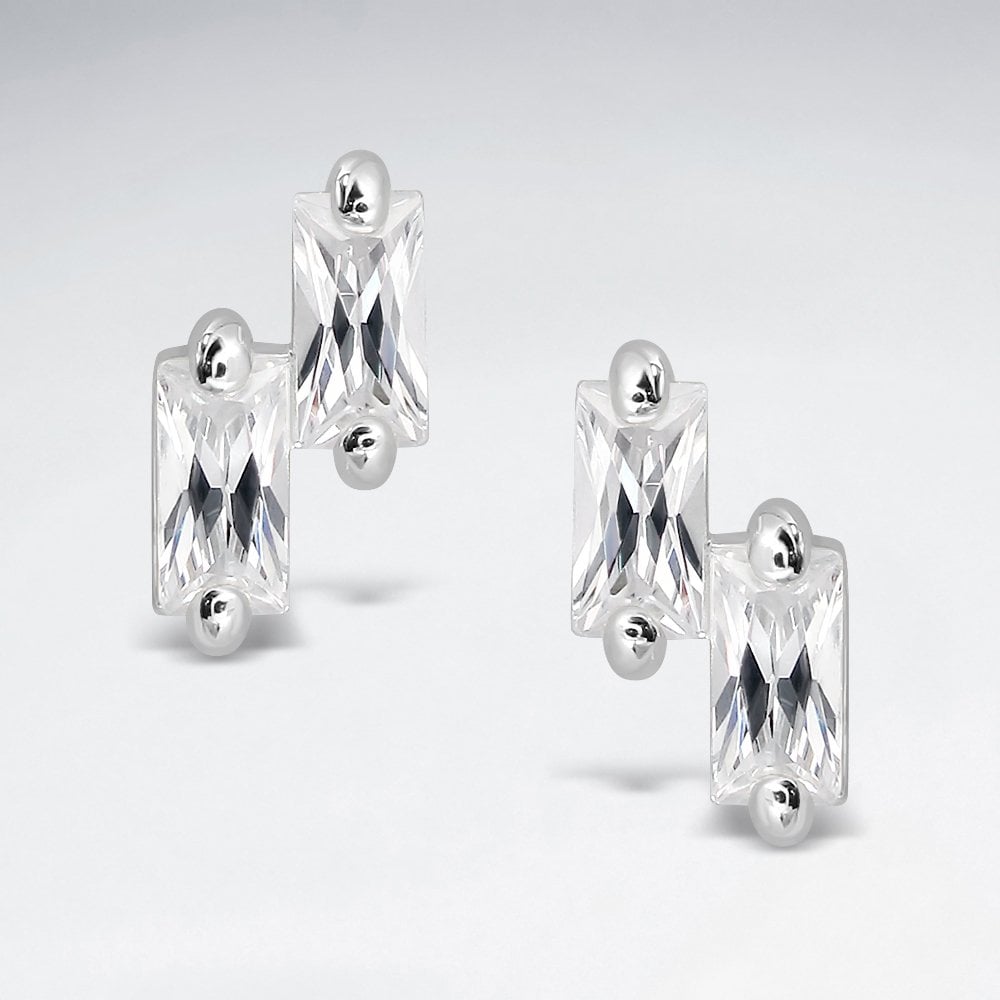 Sterling Silver Double Rectangular CZ Stud Earrings