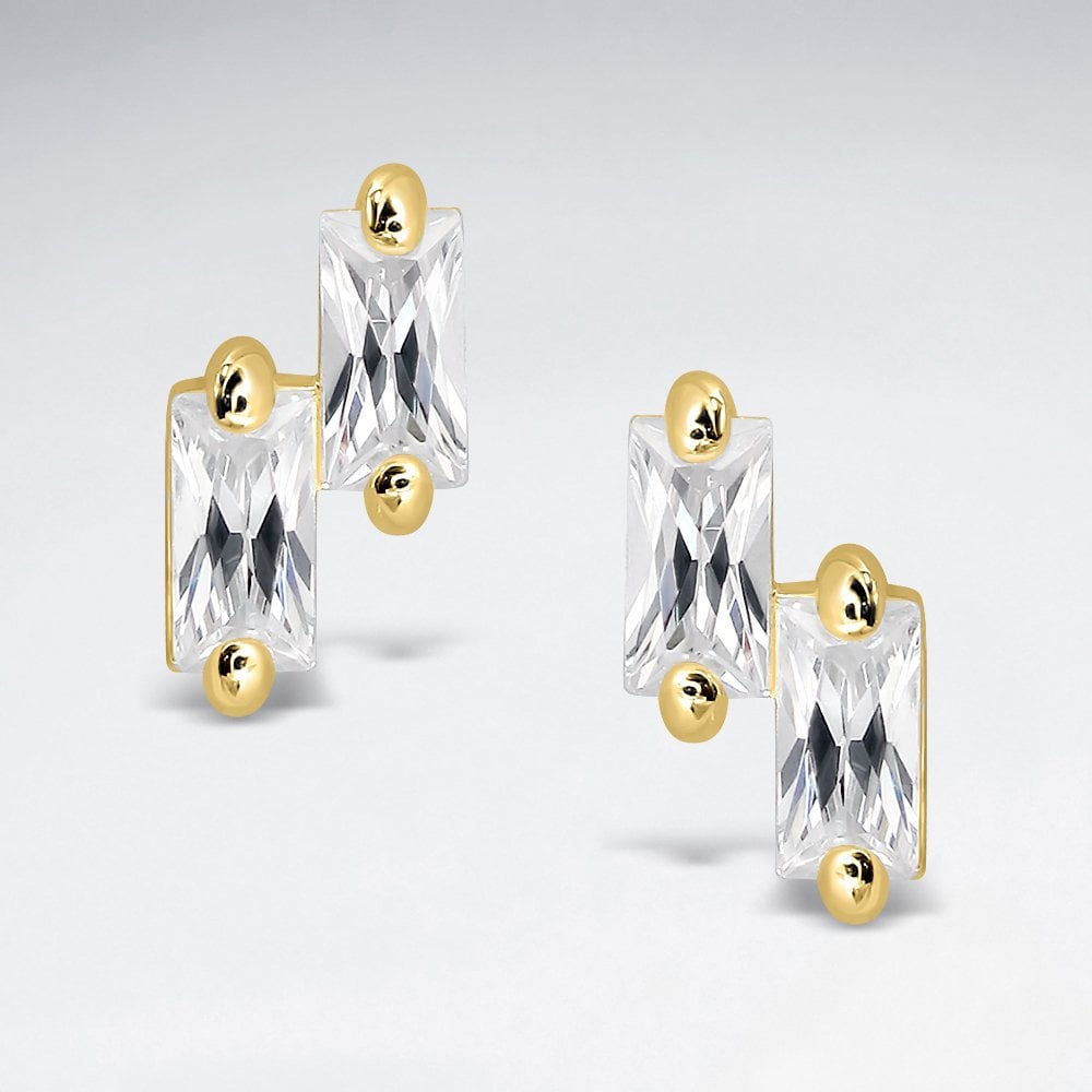 Sterling Silver Double Rectangular CZ Stud Earrings