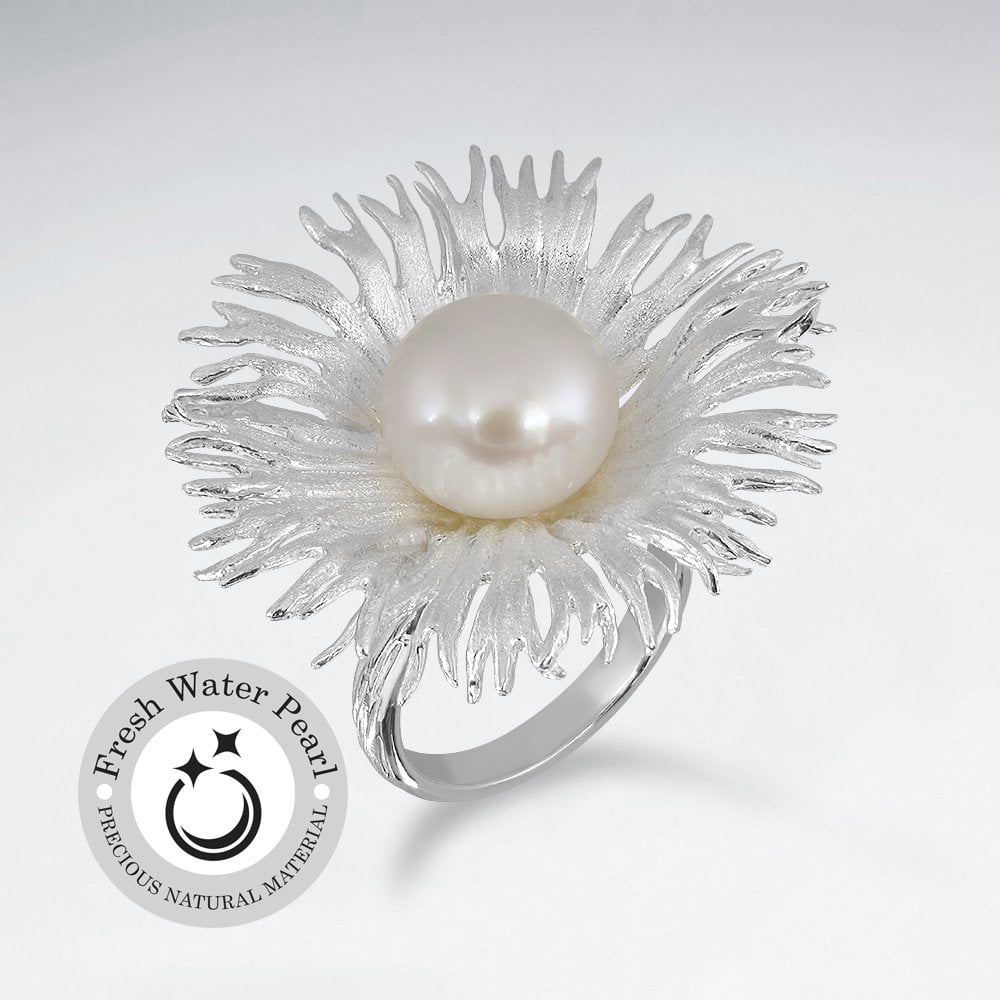 Sterling Silver Matte Polished & Pearl Flower Statement Ring