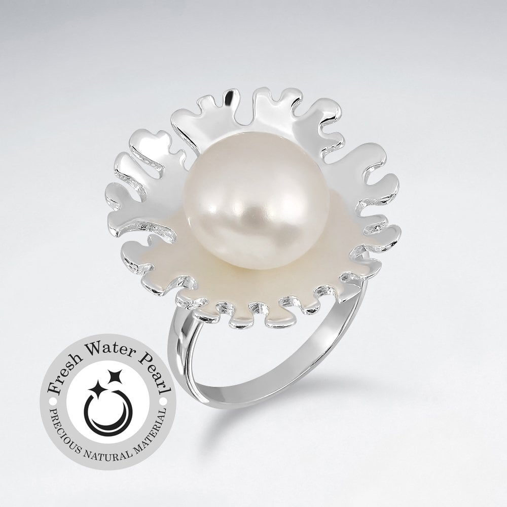 Sterling Silver Abstract Flower & Pearl Ring