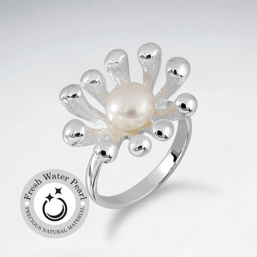 Sterling Silver Matte Polished Pearl Floral Ring
