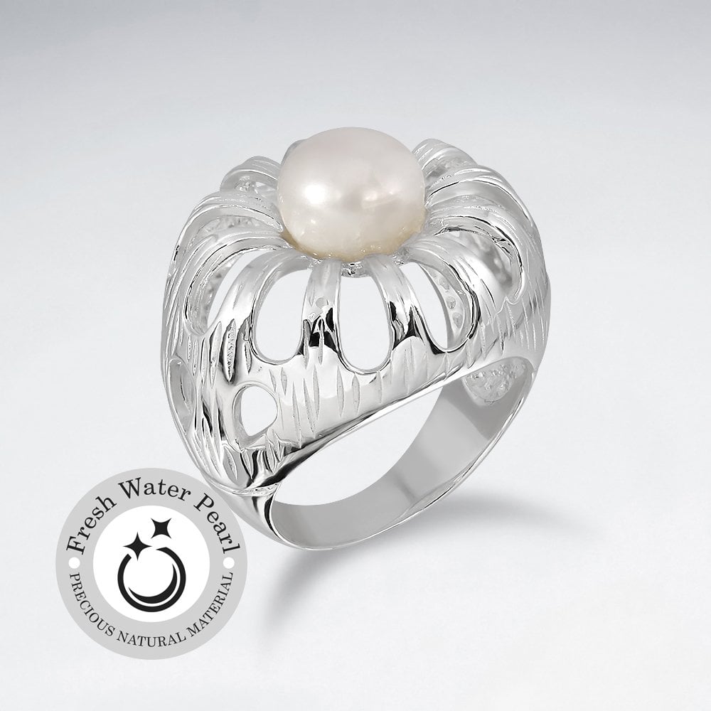 Sterling Silver Openwork Pearl Studded Ring