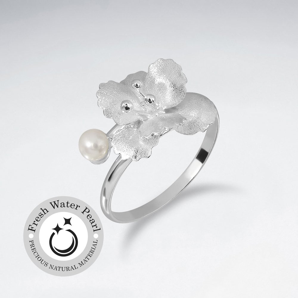 Sterling Silver Matte Polished Pearl Floral Ring