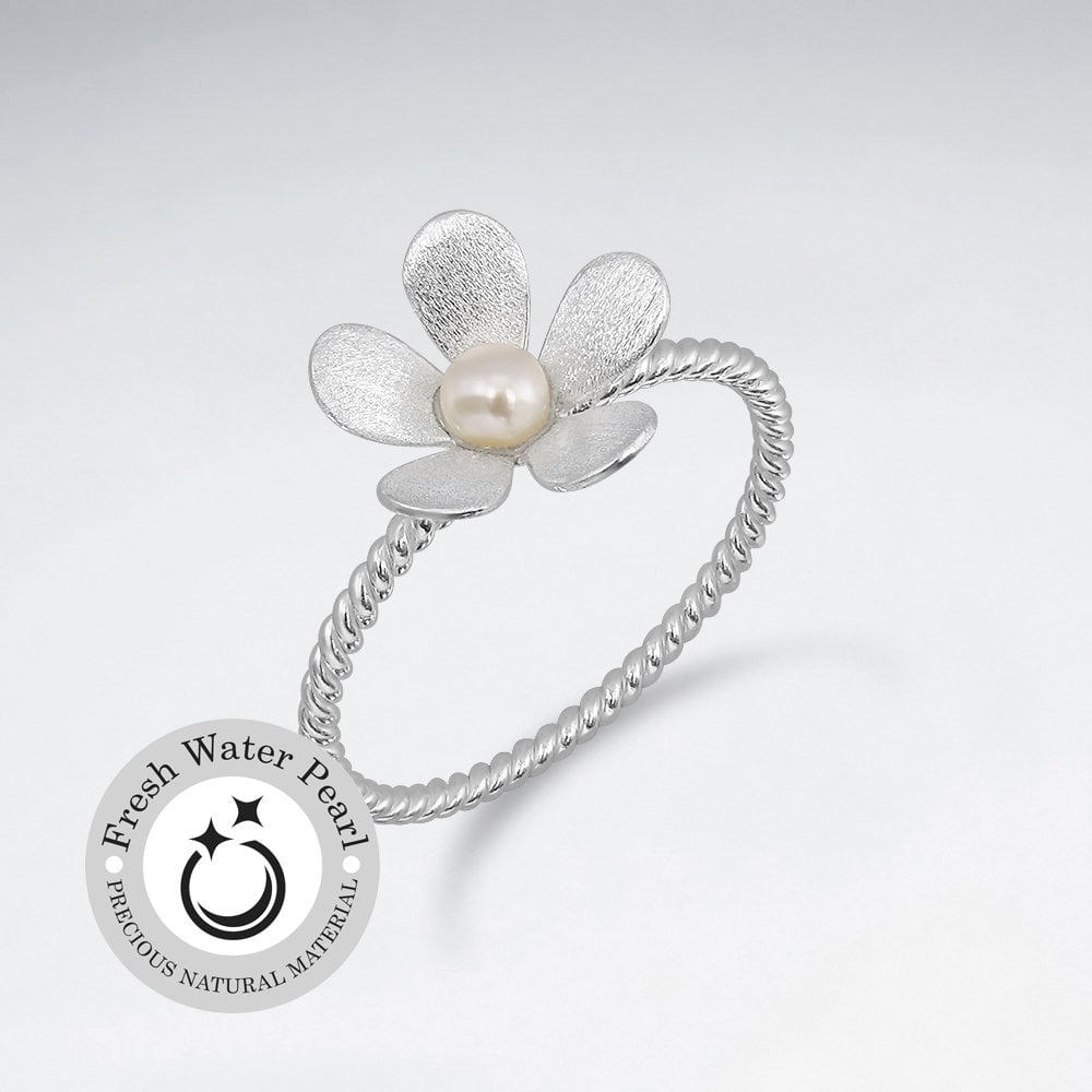 Sterling Silver5-Point Flower Matte Polished Twist Ring