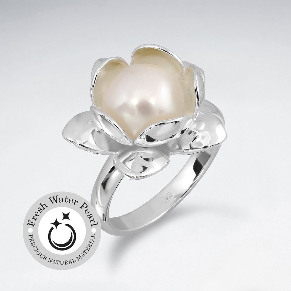Oversized Pearl Set in Sterling Silver Flower Ring