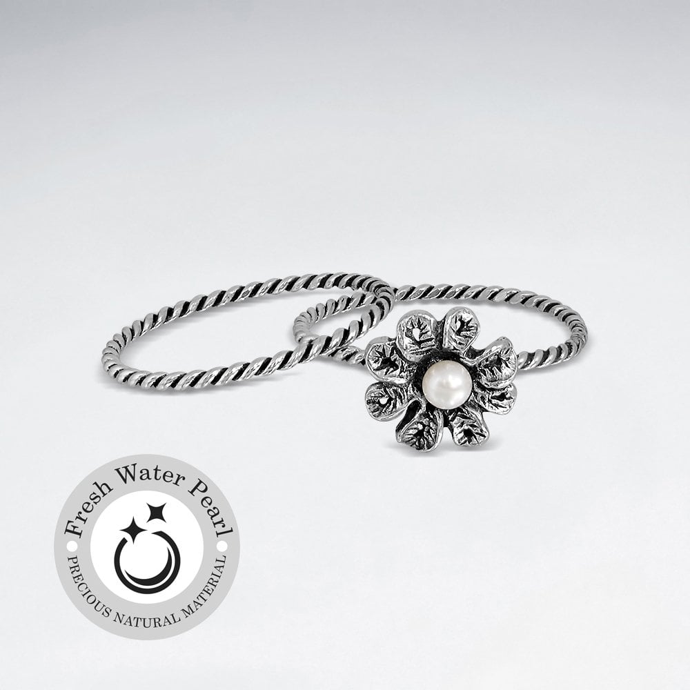 Oxidized Silver Pearl Studded Blossom Ring