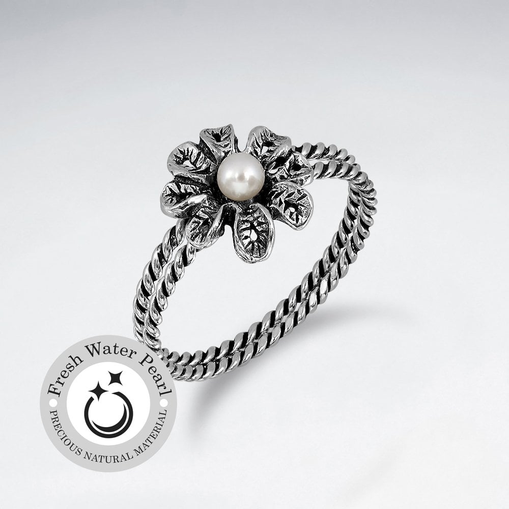Oxidized Silver Pearl Studded Blossom Ring