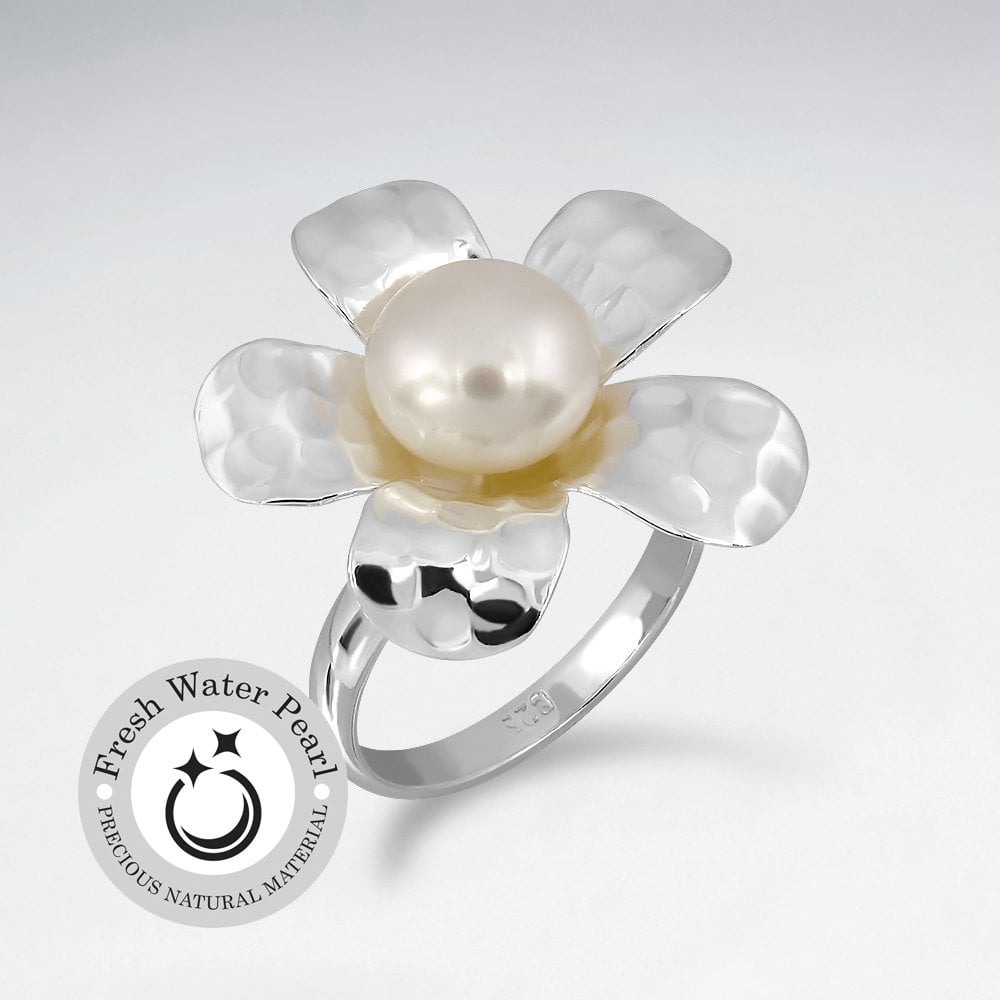 Hammered Silver White Pearl Five Petal Flower Ring