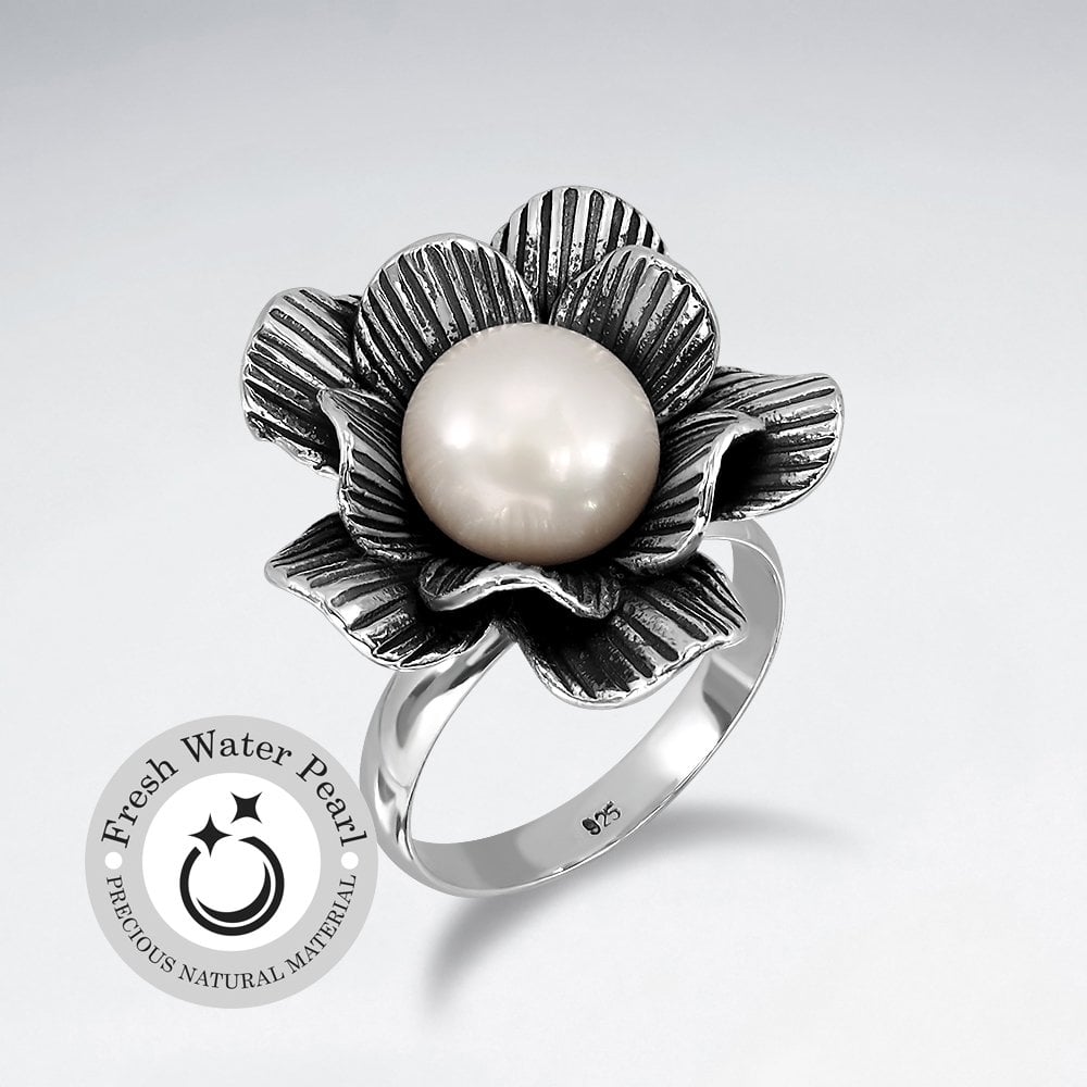Elegant Oxidized Silver Pearl Flower Ring
