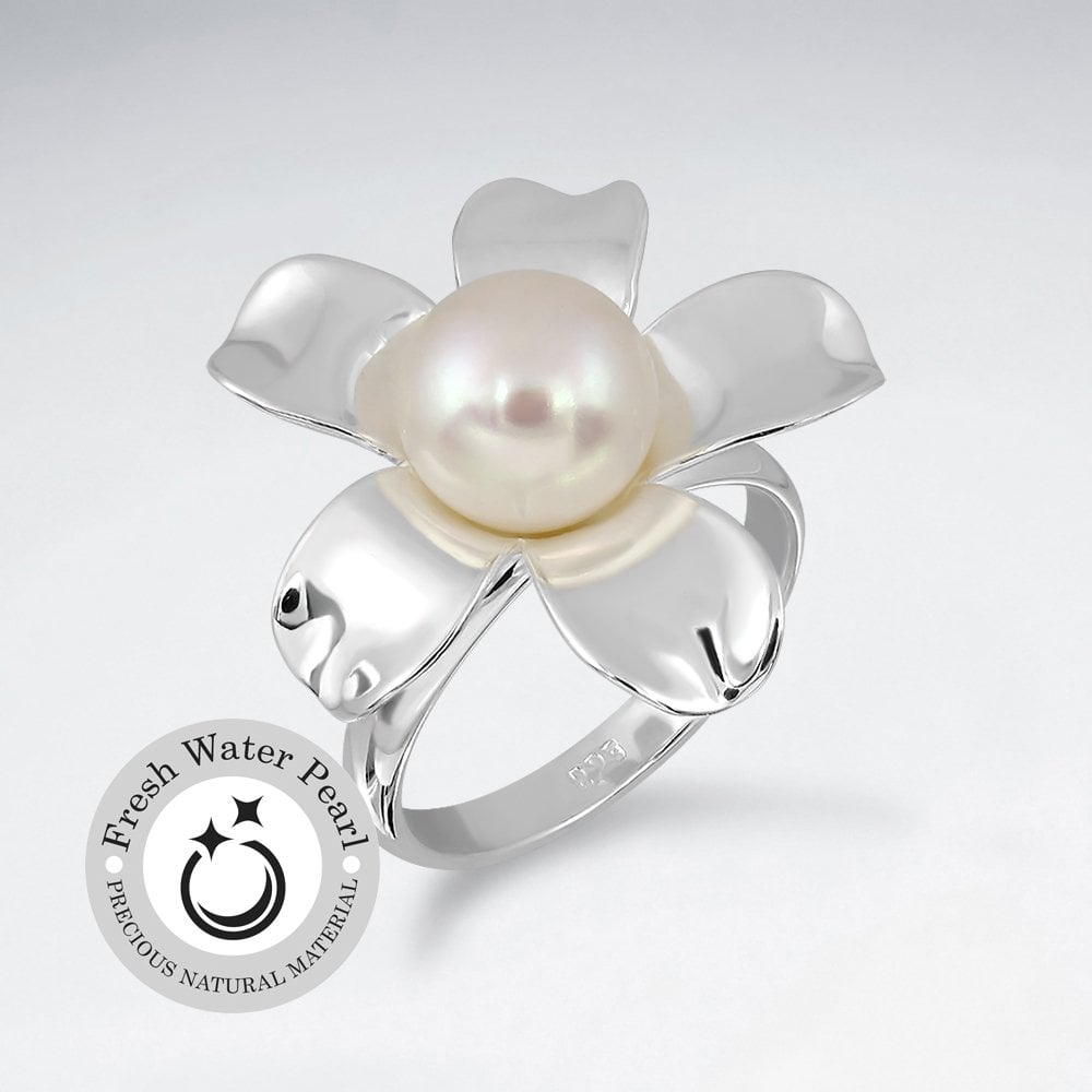 Lovely Pearl and Flower Sterling Silver Ring