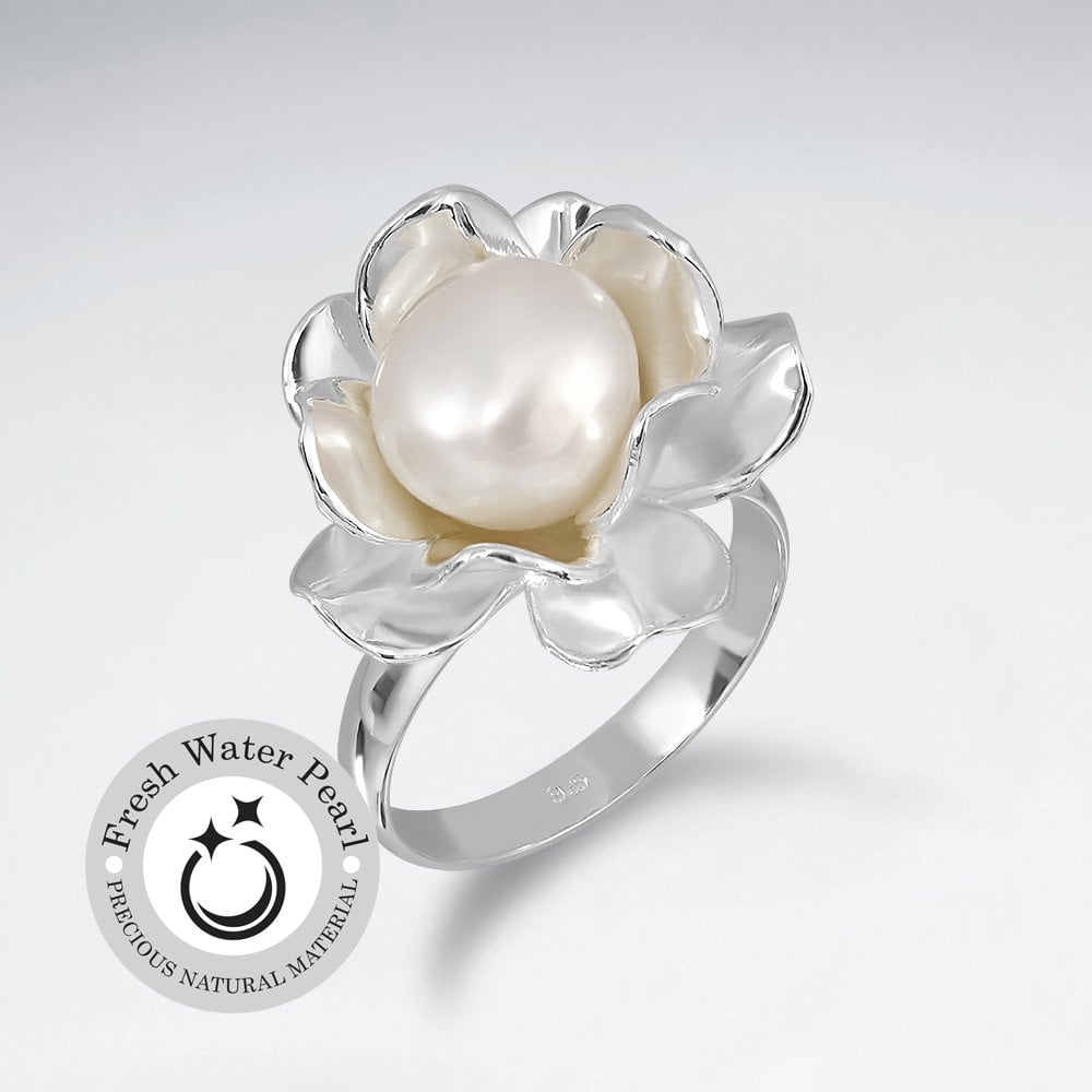 Lotus Flower Inspired Pearl and Silver Ring