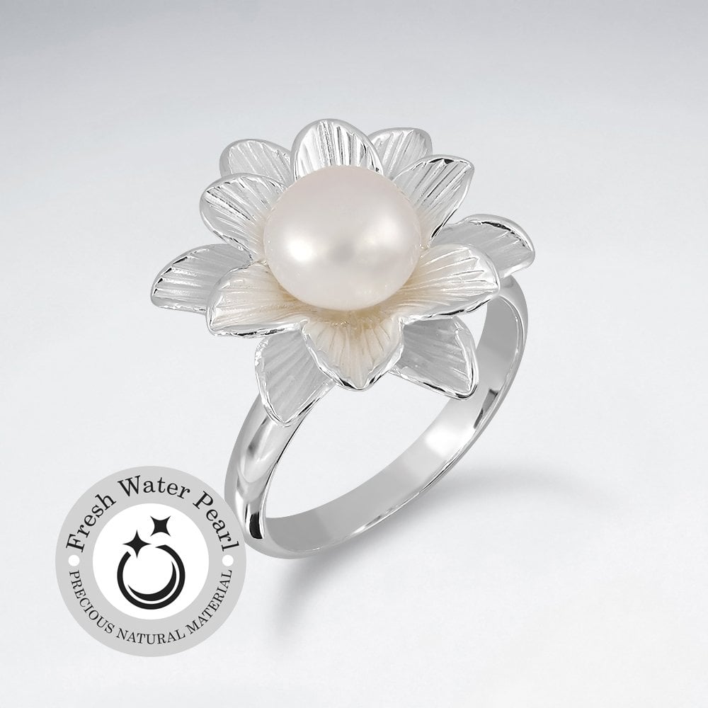 Delicate Polished Silver Pearl Adorned Ring