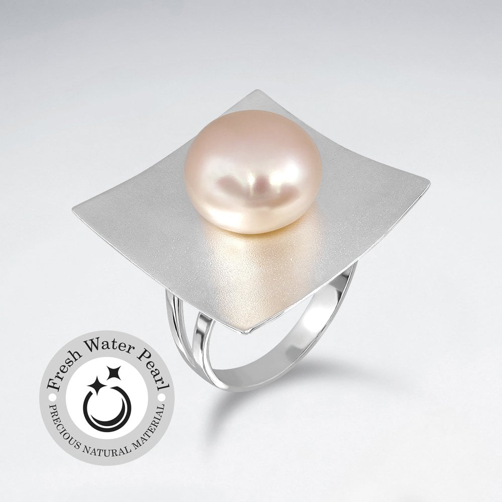 Sterling Silver Squared Sand Blasted and Polished Pearl Ring