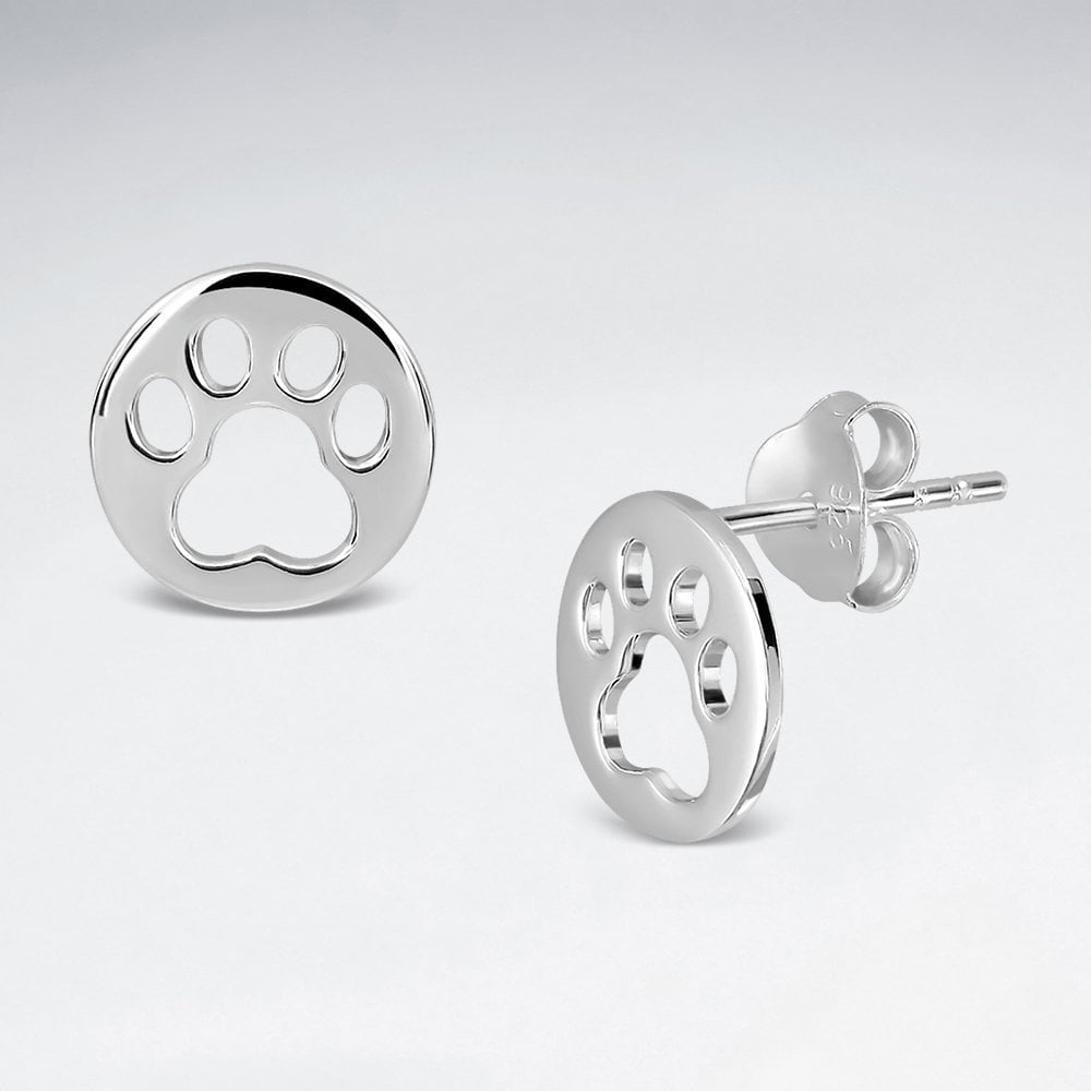 Sterling Silver Paw print Circle Stud Earrings